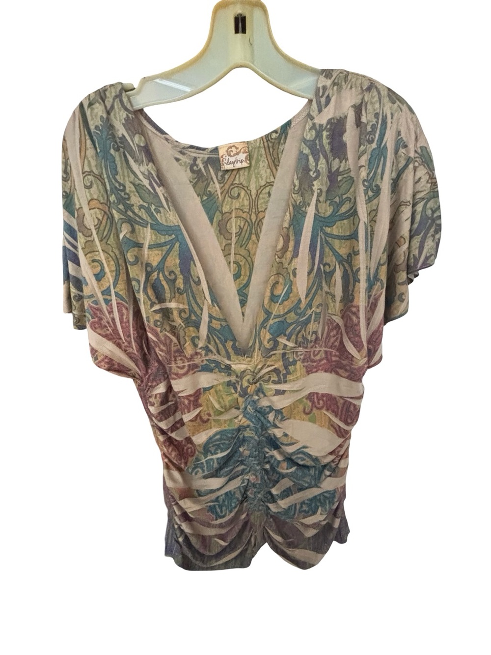 Daytrip Multicolor Y2K V-Neck Ruched Earthy Bohemian Short Sleeve Top